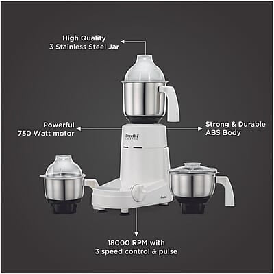 Preethi Chef Pro, MG-128, 750 Watt, 3 Jars, 5 year motor warranty, 2 years product guarantee