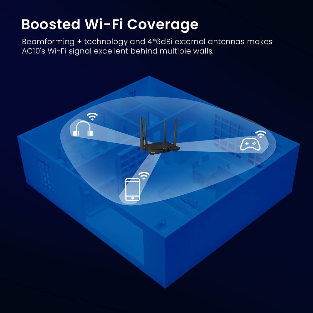 Tenda AC10 AC1200 Wireless Smart Dual-Band Gigabit WiFi Router, MU-MIMO, 4 Gigabit Ports, 867Mbps/5 GHz+ 300Mbps /2.4GHz, (Black, Not a Modem) Tenda AC10 AC1200 Wireless Smart Dual-Band Gigabit WiFi Router, MU-MIMO, 4 Gigabit Ports, 867Mbps/5 GHz+ 300Mbps /2.4GHz, (Black, Not a Modem)