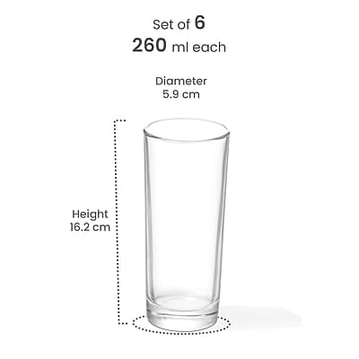 Treo by Milton Embassy Cool Glass Tumbler, Set of 6, 260 ml Each, Transparent |Serve Juices | Cold Drinks | Water | Cocktails | Mixed Drinks