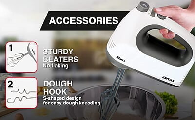 Havells Whisko 300 watt Hand Mixer with Single Eject Button, 5 Speed Turbo Function, Stainless Steel Hooks