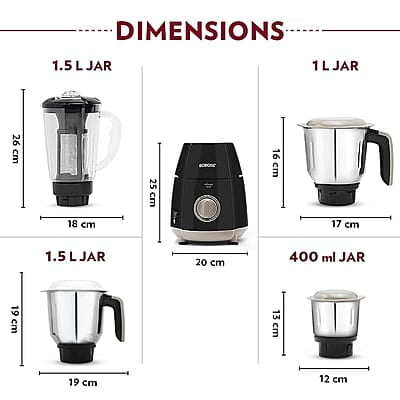 Borosil 750W Infinity Mixer Grinder with 4 Stainless Steel Jars (1.5L Jar with Fruit Filter, 1.5L Blending Jar, 1L Dry/Wet Grinder Jar, 400ml Chutnery Jar), Kitchen Mixie, 5 Years Warranty on Motor