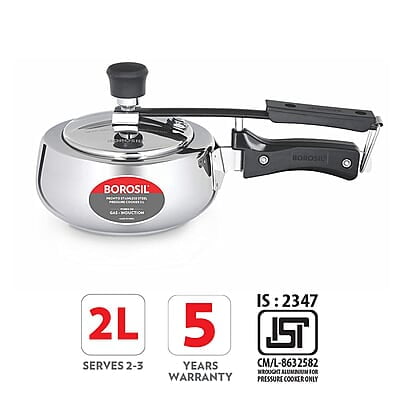 Borosil Pronto Induction Base Inner Lid Stainless Steel Pressure Cooker, 6.8 mm Thick Base, 2 L