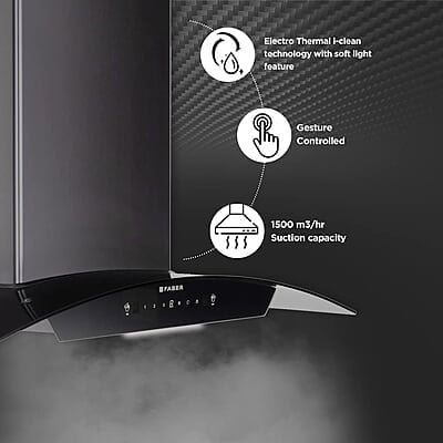 Faber 75 cm 1500 m³/hr Autoclean Curved Shape Kitchen Chimney HOOD PRIMUS PLUS ENERGY IN HCSC BK 75 with SS Baffle Filter