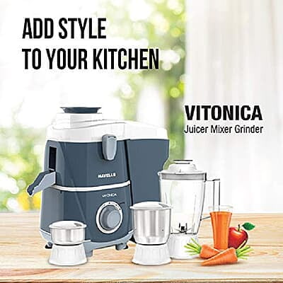 Havells Vitonica 500W Juicer Mixer Grinder with 3 Stainless Steel Jar, Large Size Pulp Container