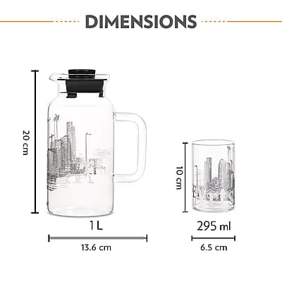 Borosil Artisan Series Roma 1000ml Multipurpose Jug with 2 pc Medium (295 ml) Glass Set | 100% Borosilicate, Fridge & Freezer, Dishwasher Safe | Glass Jug with Tumbler | Transparent
