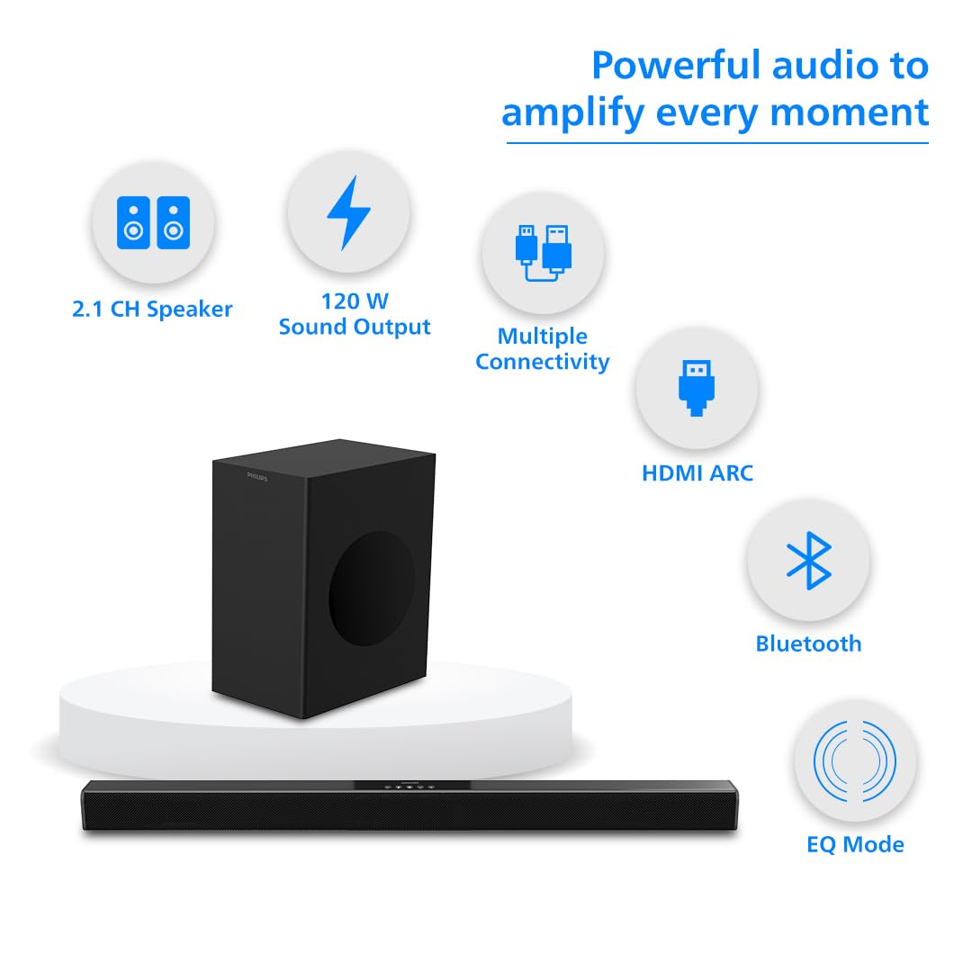 Philips TAB4218/94 2.1CH Bluetooth Soundbar - 120W RMS, Multi-Connectivity, Deep Bass (Black) Philips TAB4218/94 2.1CH Bluetooth Soundbar - 120W RMS, Multi-Connectivity, Deep Bass (Black)