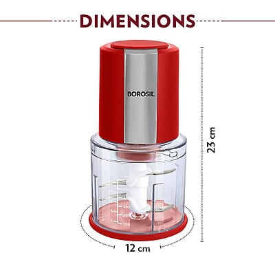 Borosil Chef Delite 300 Watts Electric Chopper for Kitchen, Twin Blade Technology, 600 ml 'chop-n-store' plastic bowl with lid, Vegetable Chopper, Cutter, Chop, Mince, Dice, Whisk, Blend, Red