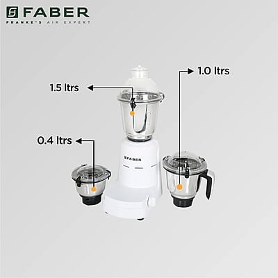 Faber Vogue 600W Blender Mixer Grinder, 3 SS Clip Lock Jars and Blades Copper Motor, up to 19000 RPM Speed