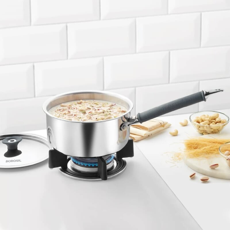 Borosil Cookfresh Tri-ply Stainless Steel Sauce Pan with Lid, Induction Friendly Tea Pan, 1.5 L, 16 cm Dia Borosil Cookfresh Tri-ply Stainless Steel Sauce Pan with Lid, Induction Friendly Tea Pan, 1.5 L, 16 cm Dia