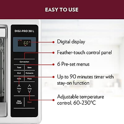 Borosil DigiPro 38 L Digital Oven Toaster & Grill, Convection Mode, 6 Pre-set Menus, Temperature Control, Chrome