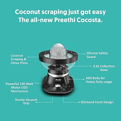 Preethi Cocosta Kp001 Coconut Scraper&Citrus Juicer,100% Safe Dual Protection Scraper