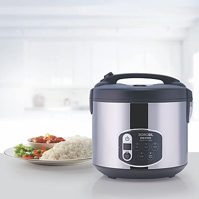 Borosil 1.8-Liters Electric Rice Cooker And Steamer, Black & Silver