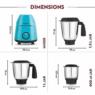 Borosil Best Mixer Grinder, 500 Watts, 3 Jars (1.5L Blending Jar, 1L Dry/Wet Grinding Jar, 400 ml Chutney Jar), Kitchen Mixie, 2 Years Warranty on Motor