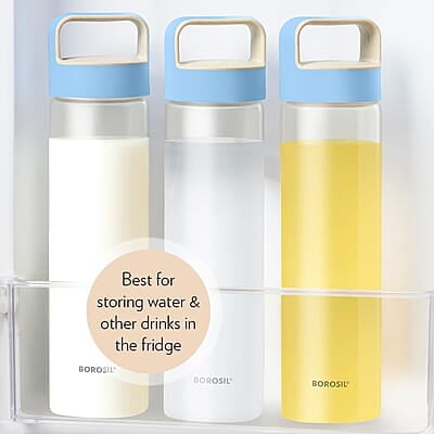 Borosil - Neo Glass Water Bottle|Fridge Bottle|Sports Bottle|Yoga Bottle|Outdoor|Picnic|Portable|Easy to Carry|Leak Proof|Resusable With Blue Handle, Transparent, Clear, See Through Bottle, 550 ML