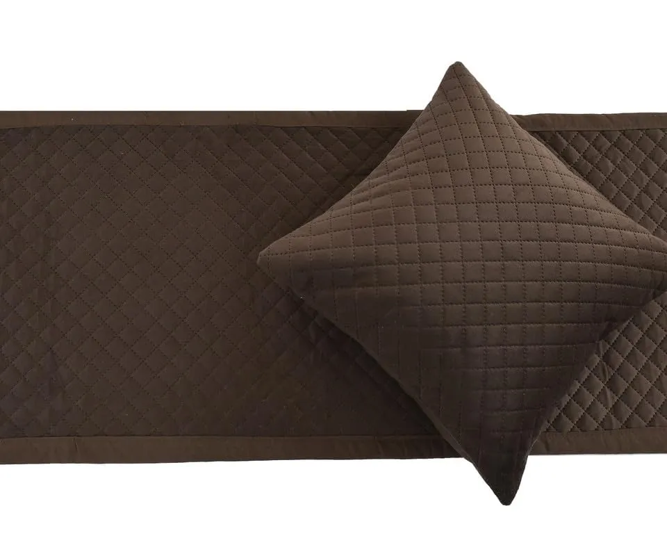 Bed Runner Velvet Ultrasonic with Cushion Cover - Dark Coffee (Classic)