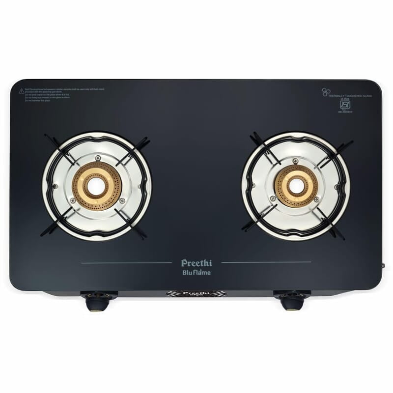 Preethi Alya Glass Top 2 Burner Gas Stove, Manual Ignition