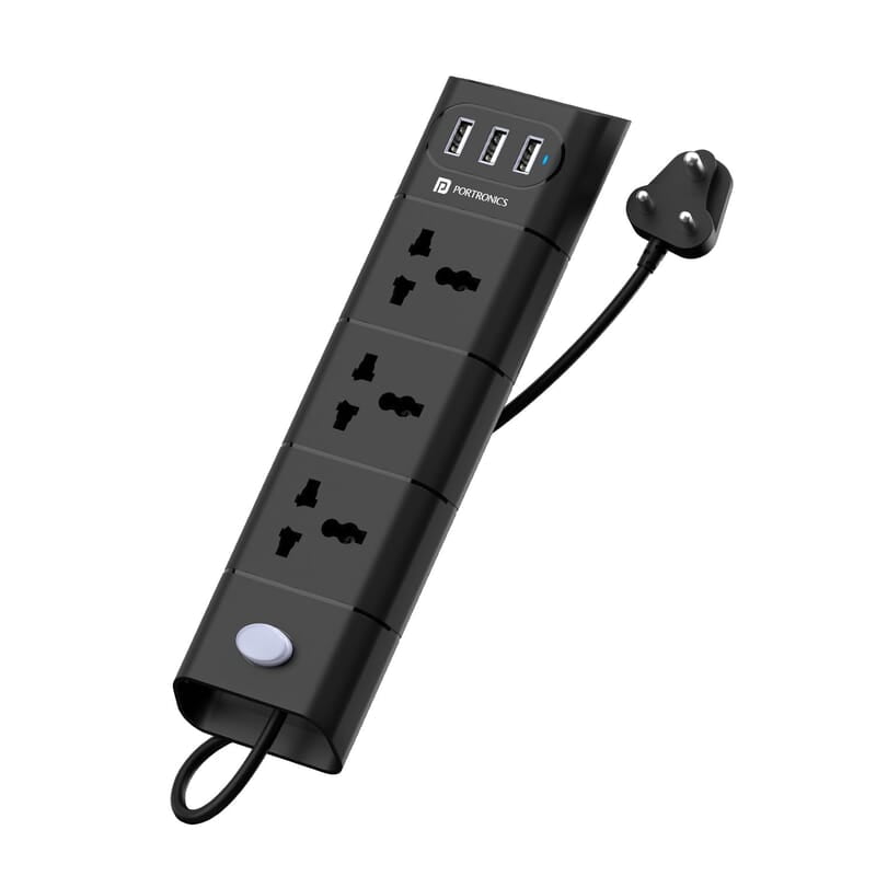 Portronics Power Plate II Extension Board - 1500W - 3 USB Ports, 3 Power Sockets, Overload Protection