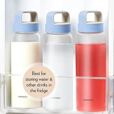 Borosil Crysto Wide Mouth Glass Water Bottle with Blue Lid | 750ml, Borosilicate Glass, Leakproof, Easy to Carry, Fridge & Dishwasher Safe | Can Use For, Lassi, Juice, Smoothies