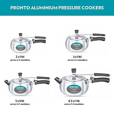 Borosil Pronto Induction Base Inner Lid Aluminium Pressure Cooker, 3.6 mm Thick Base, 2 L, Silver