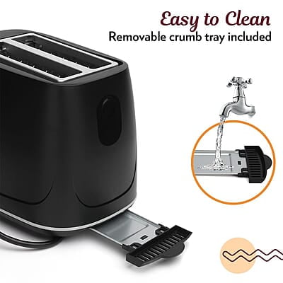 Borosil Krispy Pop-up Toaster, Black, 2-Slice Toaster, 7 Browning Settings, Removable Crumb Tray, 750 W