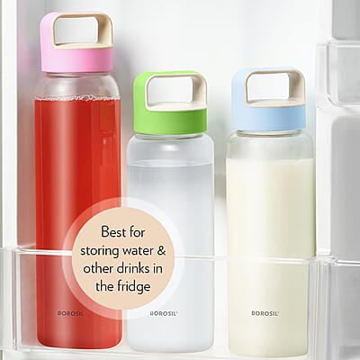 Borosil Crysto Glass Water Bottle, Water Bottle for Fridge Wide Mouth Borosilicate Glass Extreme Temperature Resistant For Hot & Cold Water, Milk, Lassi, Juice, Green Lid 750 ml, Stylish & Transparent
