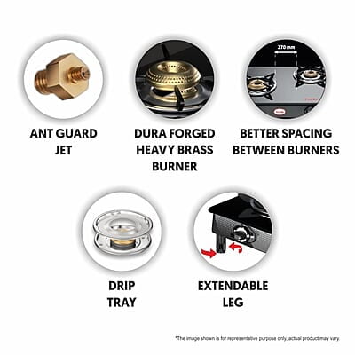 Preethi Valentino Glass top 3 Burner Gas Stove, Manual Ignition, Black ISI Approved