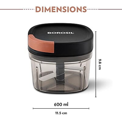 Borosil Chopper with 3 Blades, Pull Chopper with Durable String, Mini Chopper for Kitchen, For Chopping Vegetables, Leafy Greens & Herbs, BPA-free, Unbreakable 600 ml Chopping Bowl