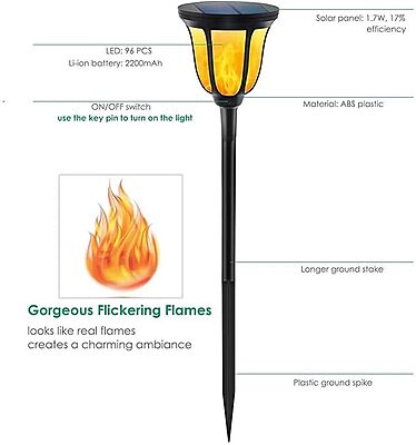 Solar Vintage Broad Marshal Light - IP65 Waterproof Garden Flame Lamp with 3 Attachments Solar Vintage Broad Marshal Light - IP65 Waterproof Garden Flame Lamp with 3 Attachments