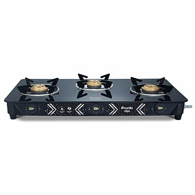 Preethi Alya Glass Top 3 Burner Gas Stove, Manual Ignition Preethi Alya Glass Top 3 Burner Gas Stove, Manual Ignition