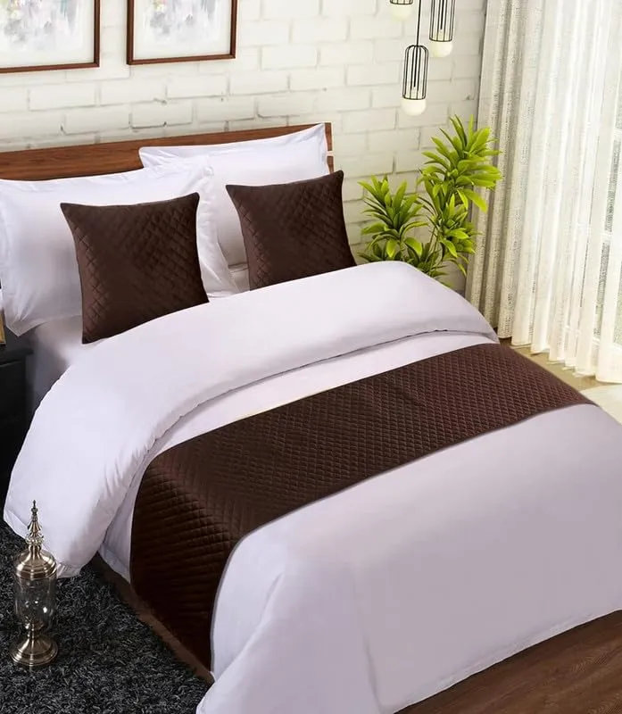 Bed Runner Velvet Ultrasonic with Cushion Cover - Dark Coffee (Classic)