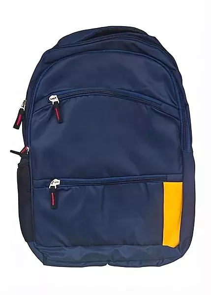 Navy Blue Backpack with Multiple Compartments and Yellow Accent Multiple Zip Pockets, Side Pocket, Padded Straps, School & Travel Use, Durable Nylon Build