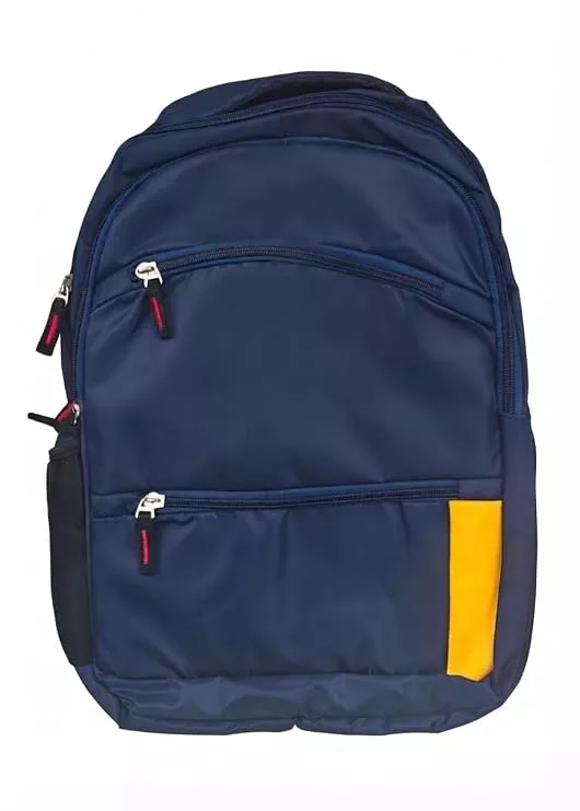 Navy Blue Backpack with Multiple Compartments and Yellow Accent Multiple Zip Pockets, Side Pocket, Padded Straps, School & Travel Use, Durable Nylon Build