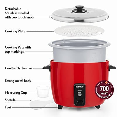 Borosil Pronto Dual 1.8 L Electric Rice Cooker with 2 Pot | 700W, Keep Warm Feature with Indicator Display, Anti Skid Rubber Feet | Cook & Boil Noodles, Rice, Upma, Idli, Dhokla | 2 Years Warranty