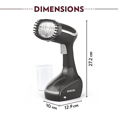 Borosil Handheld Garment Steamer Gs01,Horizontal & Vertical Use,1000 Watts Fast Heating,Ceramic Steam Nozzle,200 Ml Water Tank,Detachable Fabric Brush,Lint Brush,For Silk,Nylon,Rayon,Wool,Cotton