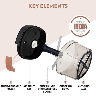 Borosil Chopper with 3 Blades, Pull Chopper with Durable String, Mini Chopper for Kitchen, For Chopping Vegetables, Leafy Greens & Herbs, BPA-free, Unbreakable 600 ml Chopping Bowl