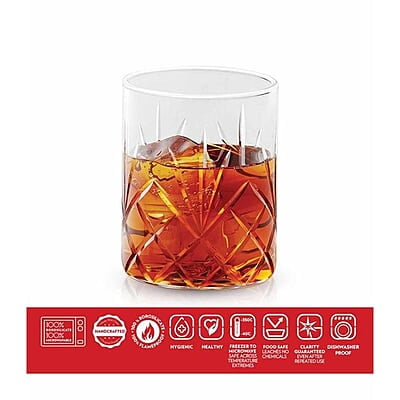 Borosil Krystalia Whisky Glass Set of 6 (350 ml Each), Microwave Safe Glasses, Flame Proof Glasses