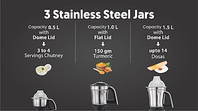 Preethi Steele Max MG-212 mixer grinder, 750 watt, Silver/Black, 3 Jars, Vega W5 motor with 2yr Guarantee