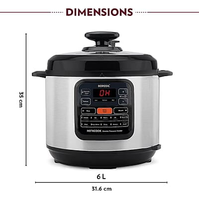 Borosil Instacook 6 L Electric Stainless Steel Pressure Cooker | 12 Digitized Indian Cooking Programs | 15 Hour Delay Timer | One Touch Instat Cooking | Idli Maker, Rice Cooker | 2 Year Warranty