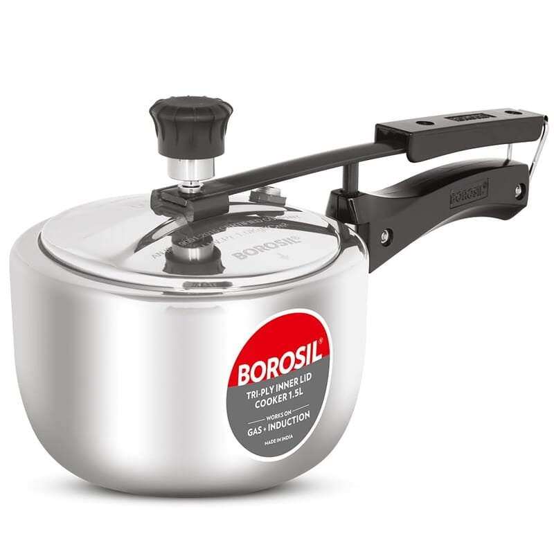 Borosil Triply Induction Base Inner Lid Stainless Steel Pressure Cooker, 1.5 L