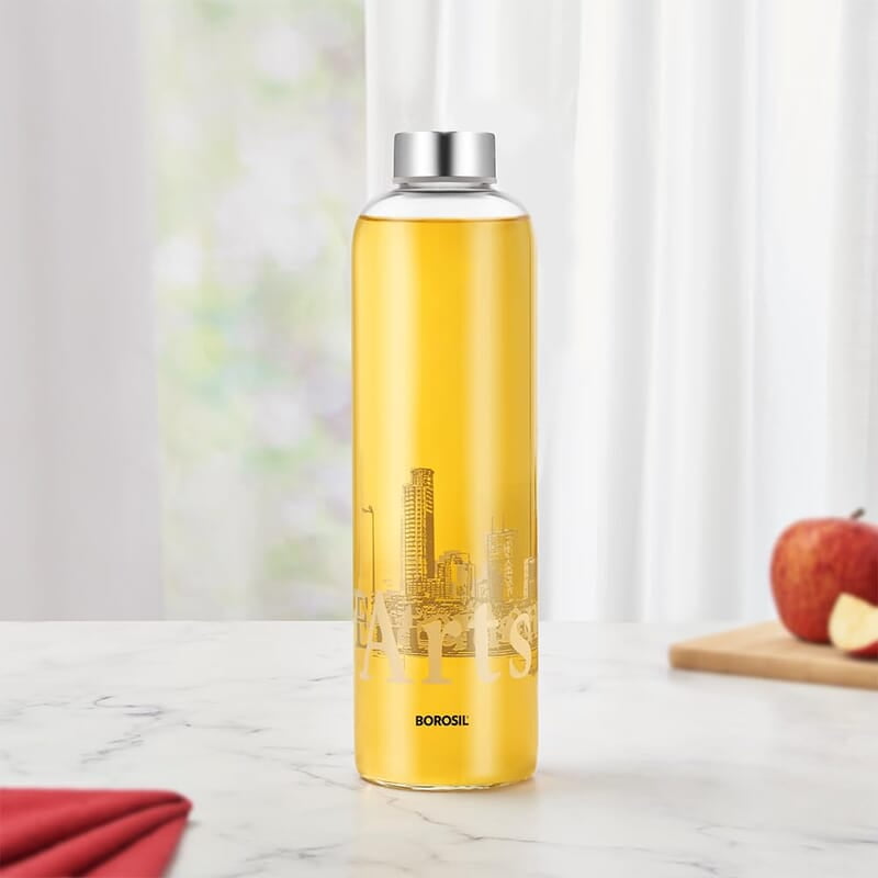 Borosil Artisan Series Roma 1000 ml Narrow Mouth Glass Bottle with Metal Lid | 100% Borosilicate, Fridge Safe, Leakproof, Easy to Carry | Store Water, Lassi, Juice, Smoothies | Dishwasher Safe