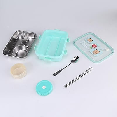Bear Family Stainless Steel Lunch box| Tiffin Box with 700ML + 150 ML Capacity| Cutlery, Sealed Ring & Airtight container Bear Family Stainless Steel Lunch box| Tiffin Box with 700ML + 150 ML Capacity| Cutlery, Sealed Ring & Airtight container