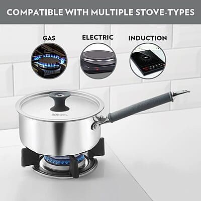 Borosil Cookfresh Tri-ply Stainless Steel Sauce Pan with Lid, Induction Friendly Tea Pan, 1.5 L, 16 cm Dia Borosil Cookfresh Tri-ply Stainless Steel Sauce Pan with Lid, Induction Friendly Tea Pan, 1.5 L, 16 cm Dia