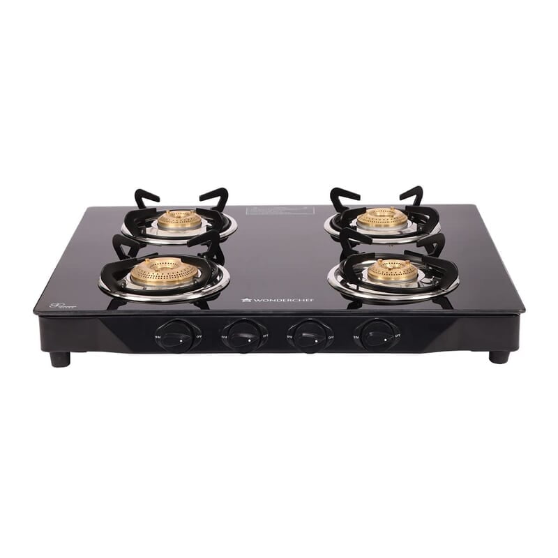 Wonderchef Glory 4 Burner Glass Cooktop, Black 8mm Toughened Glass Ergonomic Knobs Ergonomic Knobs