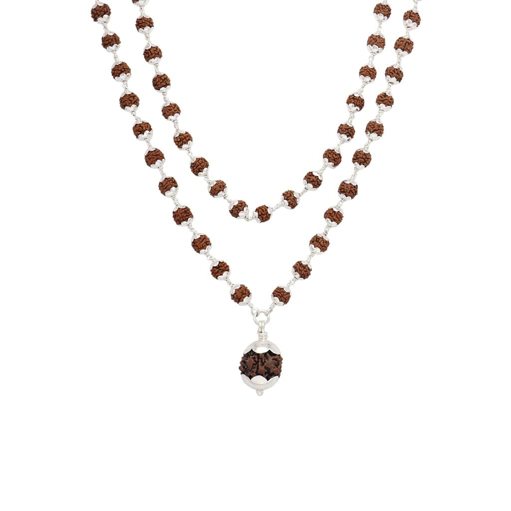 Silver tied Rudraksha Mala With Ruthratcham Pendant|With Certificate Silver tied Rudraksha Mala With Ruthratcham Pendant|With Certificate