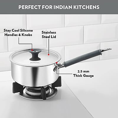 Borosil Cookfresh Tri-ply Stainless Steel Sauce Pan with Lid, Induction Friendly Tea Pan, 2.2 L, 18 cm Dia Borosil Cookfresh Tri-ply Stainless Steel Sauce Pan with Lid, Induction Friendly Tea Pan, 2.2 L, 18 cm Dia