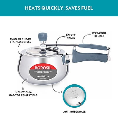 Borosil Pronto Edge Induction Base Inner Lid Stainless Steel Pressure Cooker, 3 L