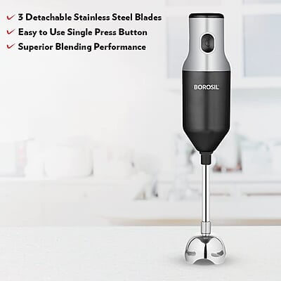 Borosil Masterblend Hand Blender, Electric Hand Blender, Single Speed Option, Stainless Steel Blades, For Whisking, Blending & Whipping, 250 W, Black