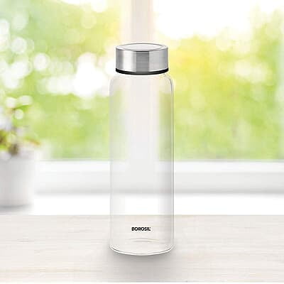 Borosil Crysto Glass Water Bottle, Fridge Bottle Set of 3, Borosilicate Glass, Extreme Temperature Resistant, For Hot & Cold Water, Milk, Lassi, Juice, Steel Lid, 750 ml, Stylish & Transparent