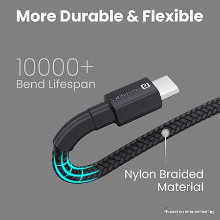 Portronics Konnect B Type C Cable with 3.0A Output, Nylon Braided, Fast Data Sync, Tangle Resistant, 1M Length(Black) Portronics Konnect B Type C Cable with 3.0A Output, Nylon Braided, Fast Data Sync, Tangle Resistant, 1M Length(Black)