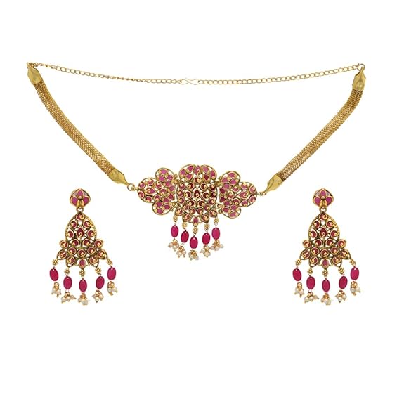SRIMATHI JEWELLERS Floral design choker set | Fashion jewelley for womens | Pink color choker necklace SRIMATHI JEWELLERS Floral design choker set | Fashion jewelley for womens | Pink color choker necklace